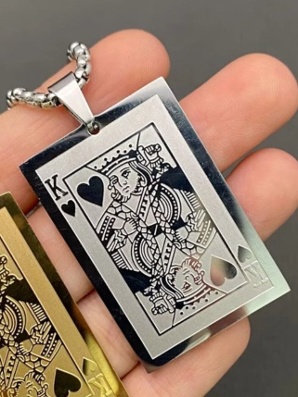 DESIGNER King of Hearts Poker Playing Card Stainless Steel Chain Men's Necklace